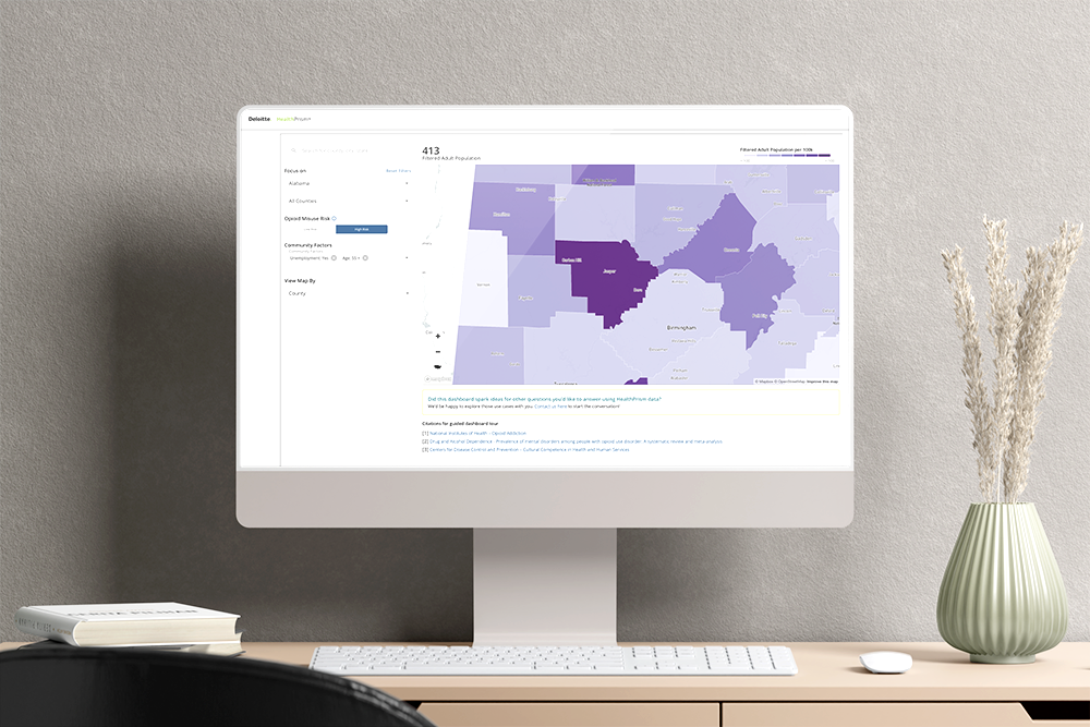 HealthPrism desktop application showing geospatial health data and filtering tools