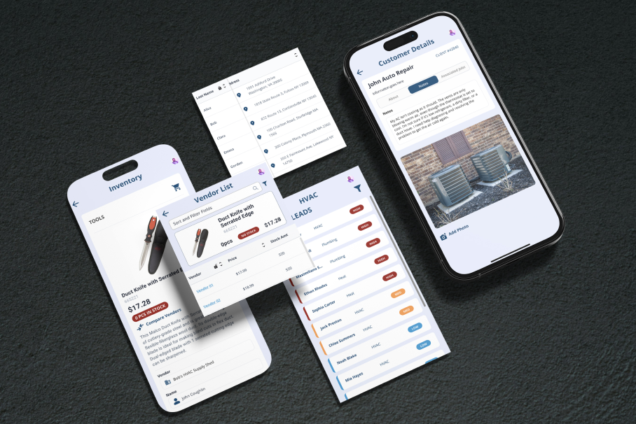 UI design screens for the ProTradesMax HVAC business management app