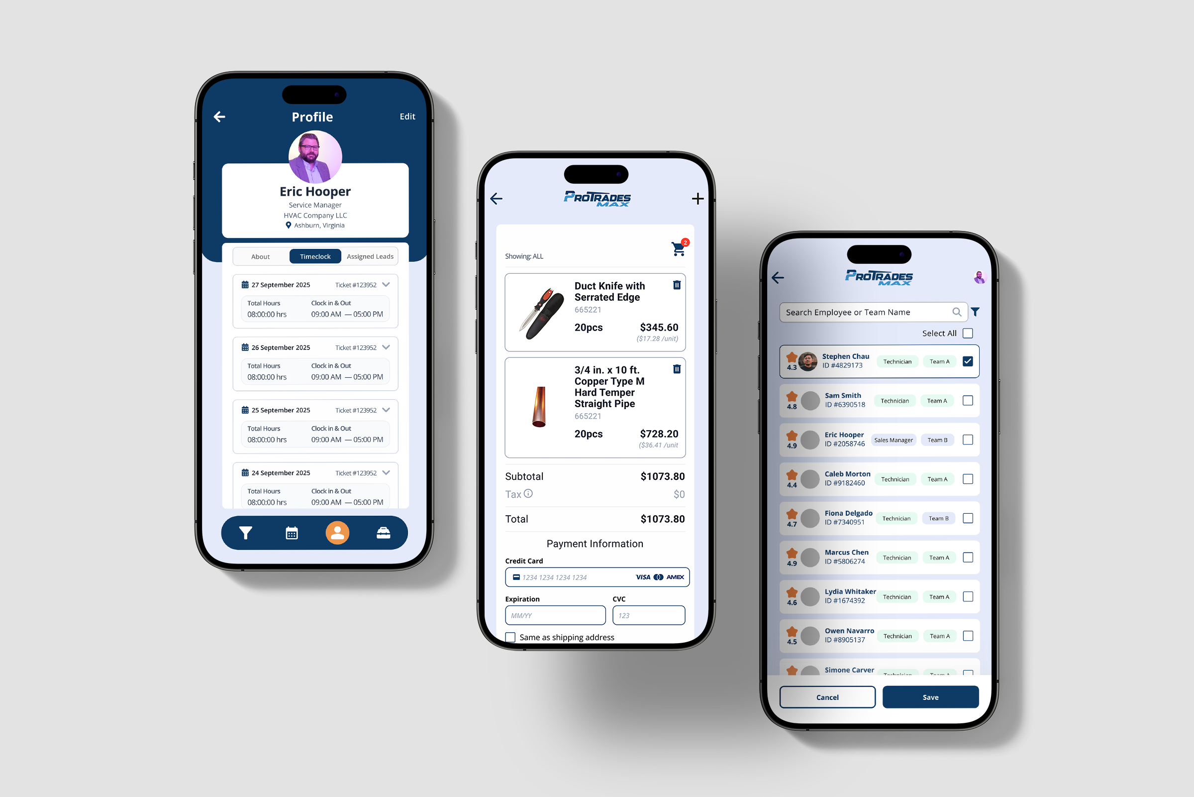 Final UI design of the ProTradesMax HVAC app showing job tracking and scheduling