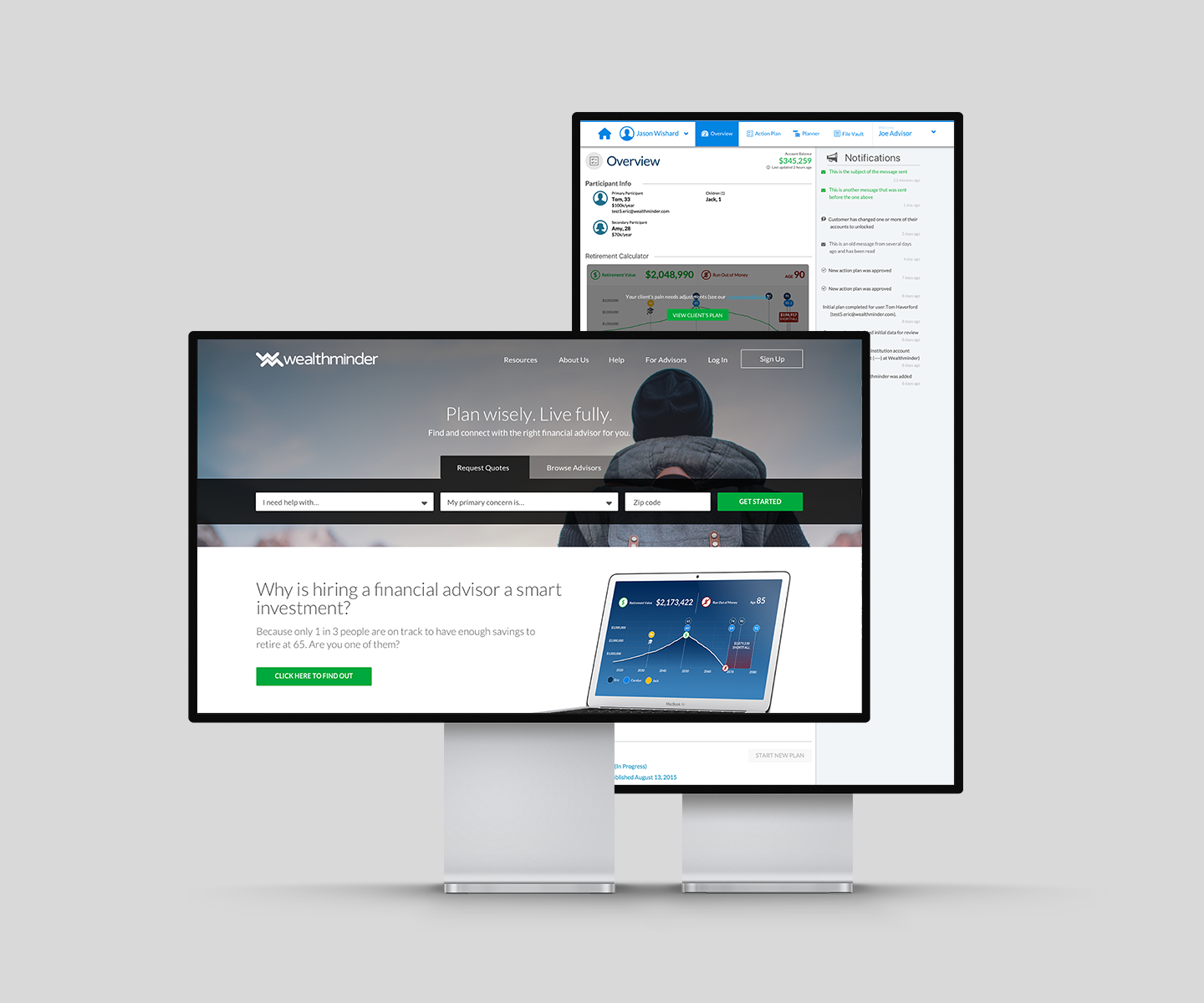 Final UI design of the Wealthminder platform showing client portfolio and advisor dashboard