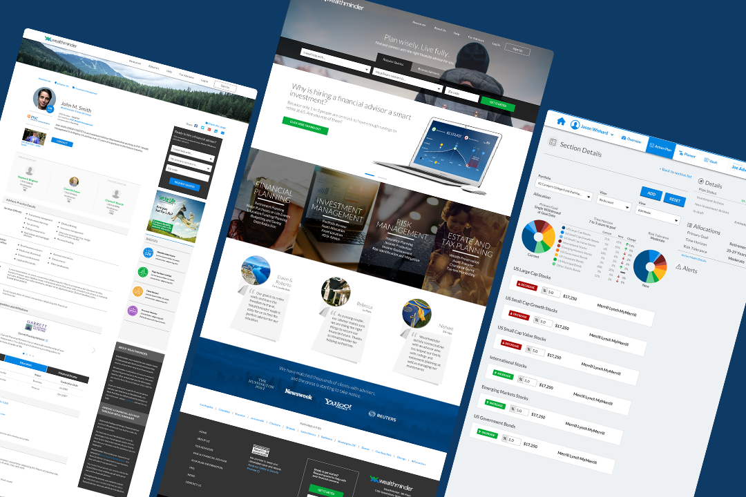 UI design screens for the Wealthminder financial planning and advisor matching app